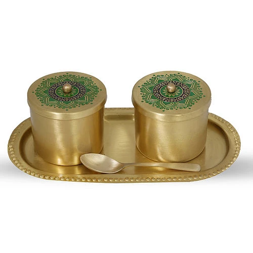 Brass Dinner Plate Dinnerware Brass Metal Traditional Dinner Server Set with Thali Plate Katori Bowls Cup