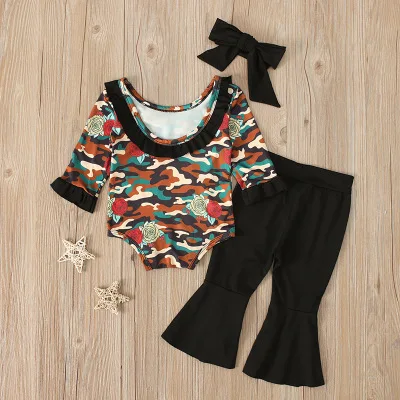 2019 Fashion Autumn 3PCS Newborn Baby Girls Clothes Camouflage Romper +Flare Pants+Headband  Outfits Clothes 0-24M
