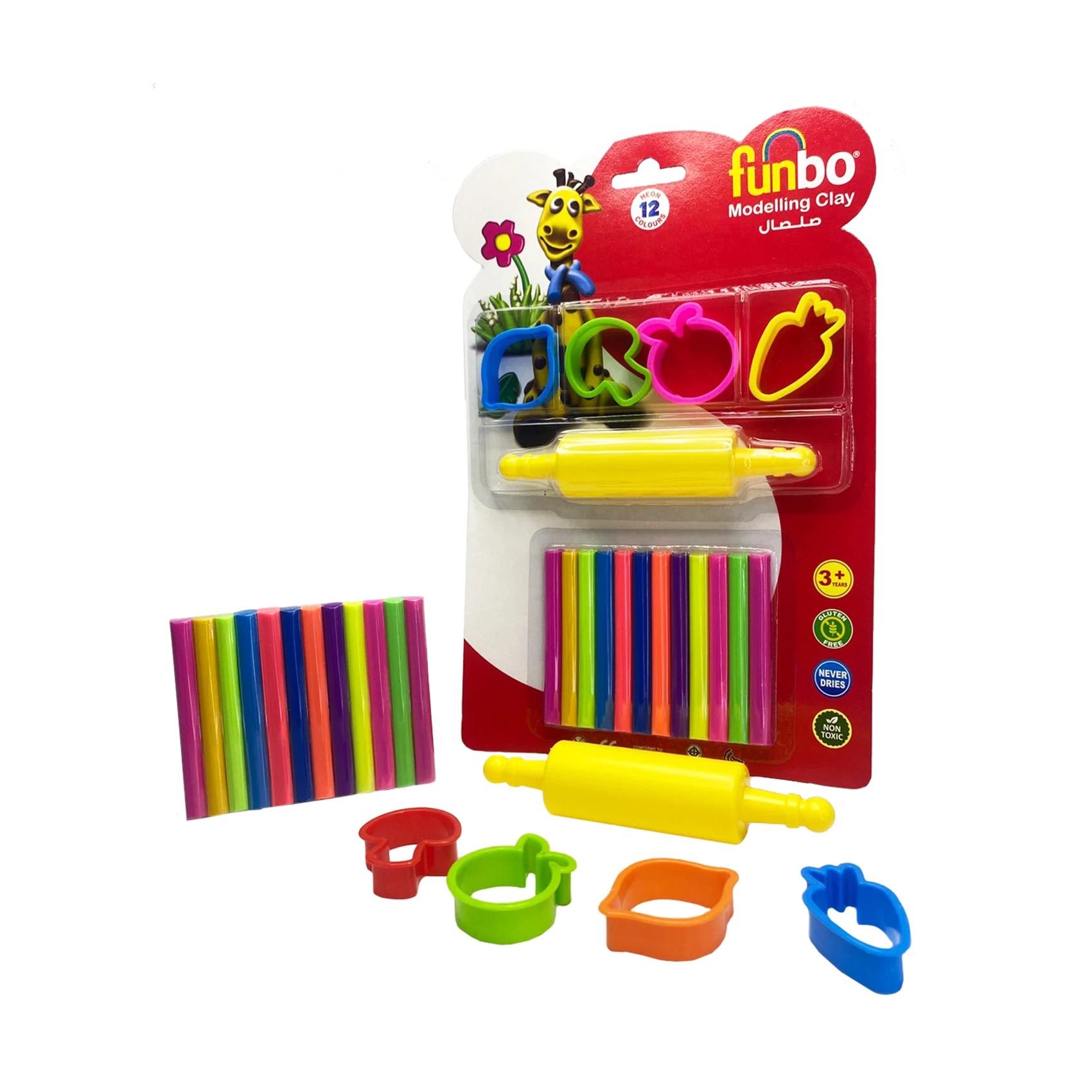 Playful sets of Modeling Clays in 12 NEON Colors and 4 Molds and 1 Rollers  with 100 gram clays Not Toxic & Gluten free