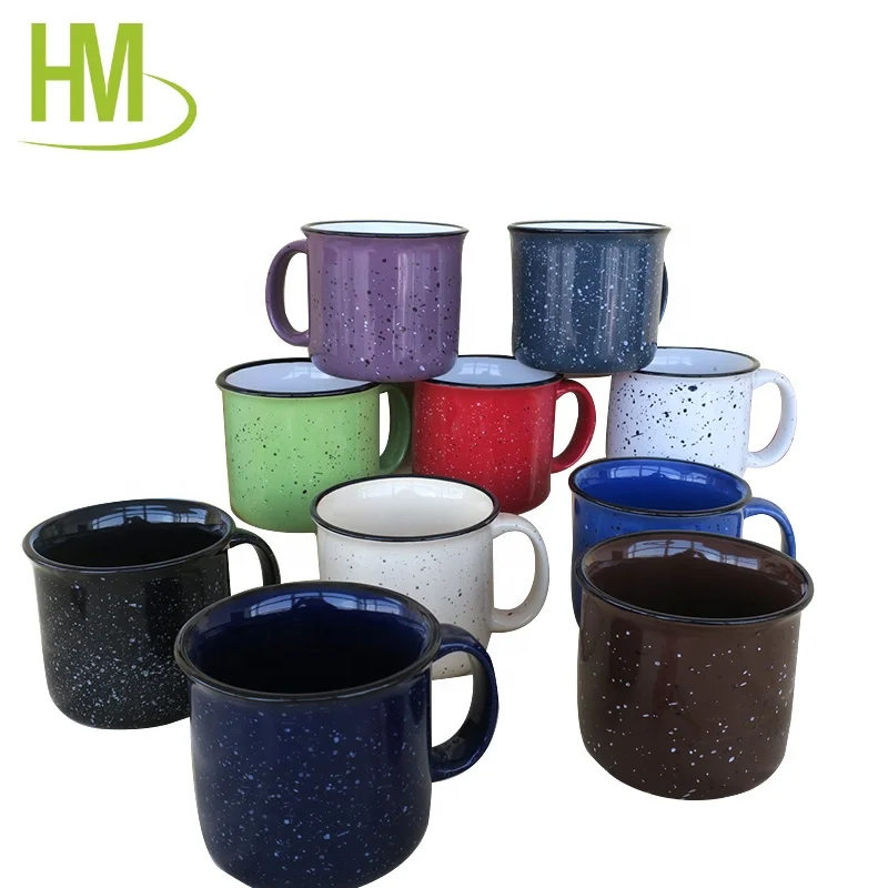 Custom print glazed color with black speckles enamel outdoor camping fire ceramic mugs