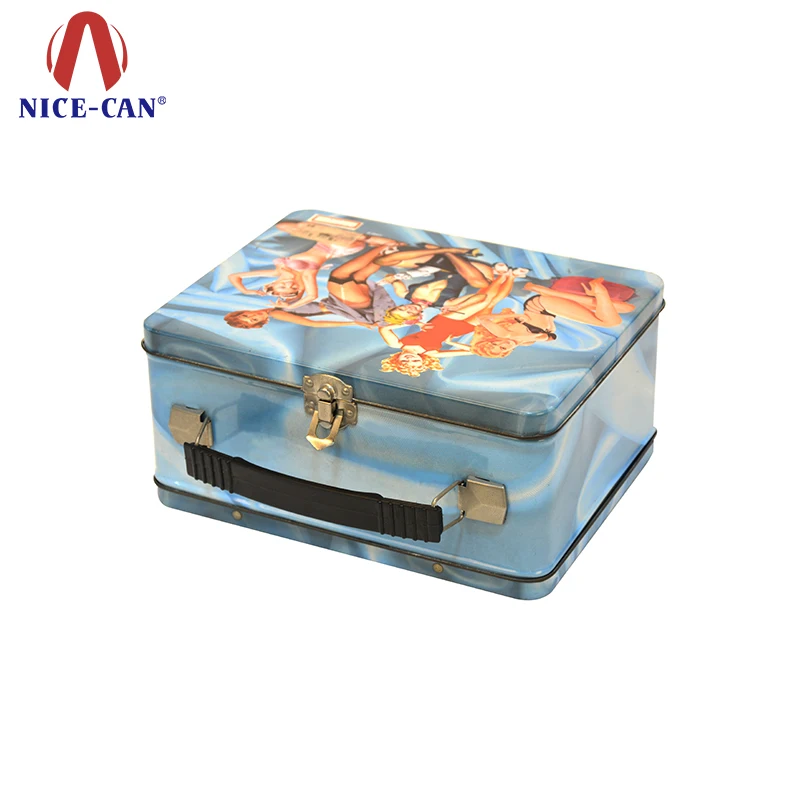 Large vintage retro tin can children lunch box metal tin set kids with handle