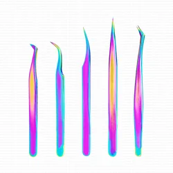 Rainbow Straight Isolation Curved Volume Eyelash Extension Tweezers Custom Logo Private Label Stainless Steel Wholesale