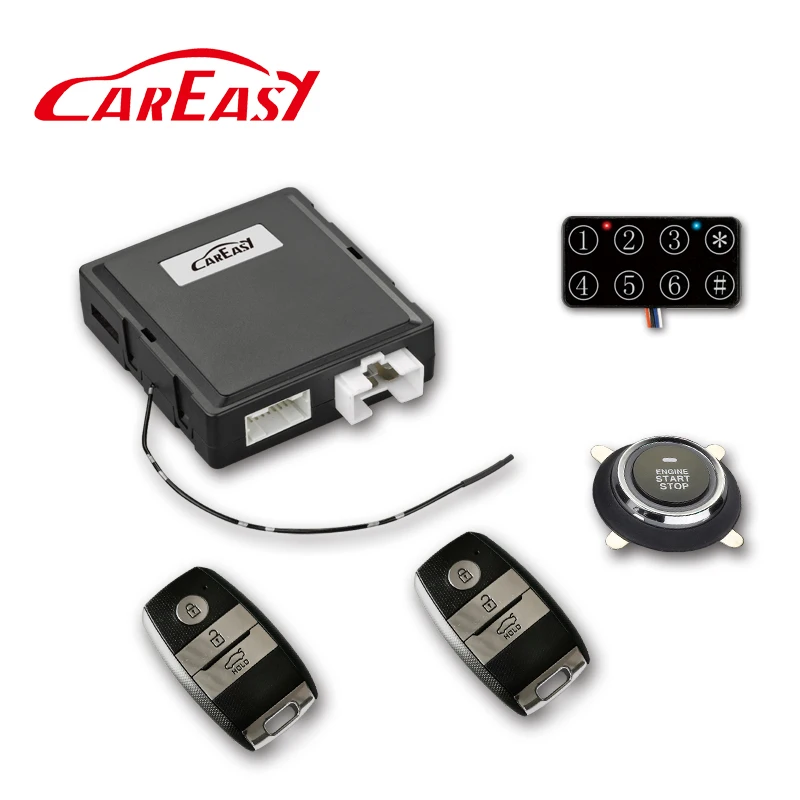 Smart key PKE car alarm keyless push button start system with MTS mode for remote start of Manual Transmission vehicles