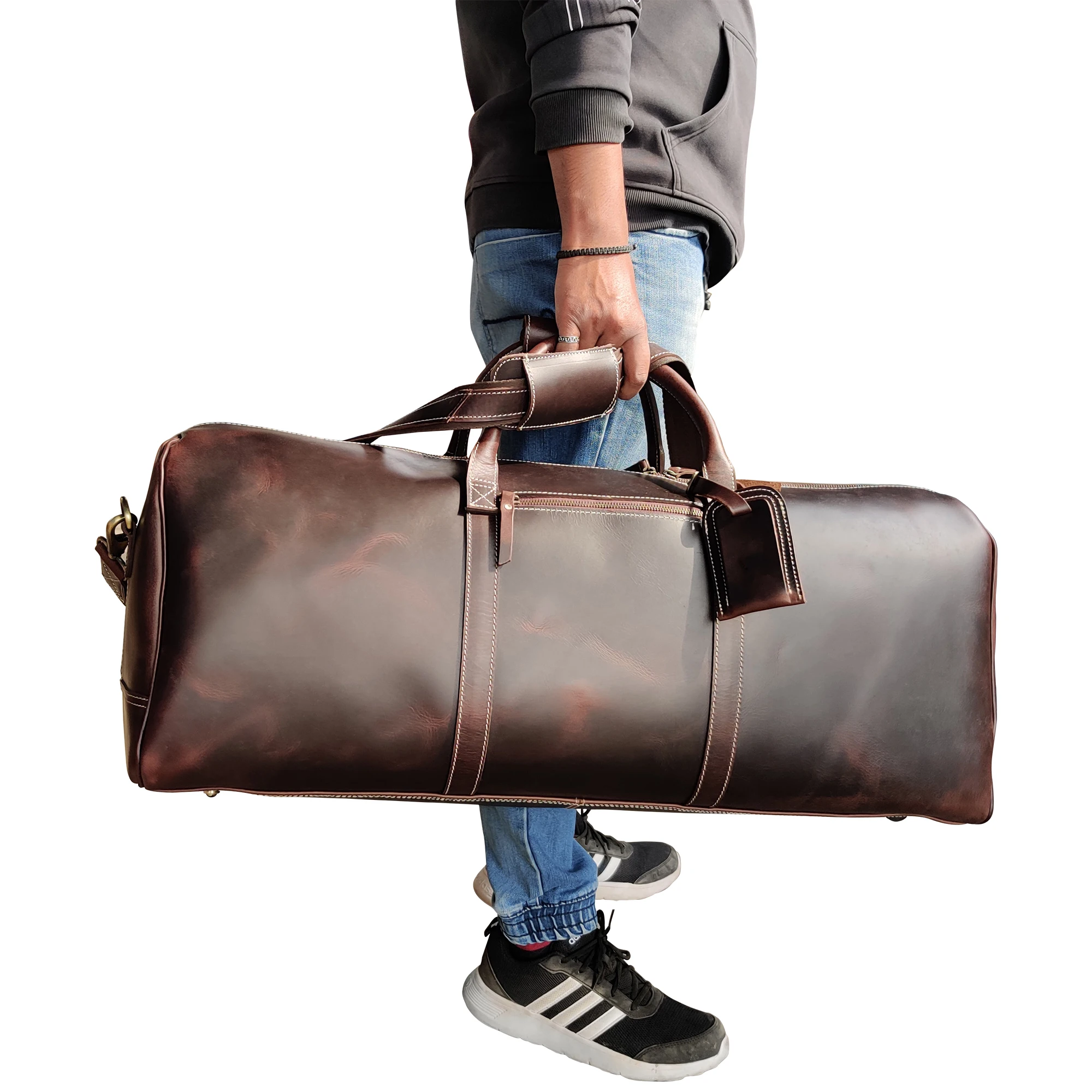 Drop Shipping Customize Overnight Waterproof Extra Large-capacity Dark Brown Top Grain Leather Luggage Travel Duffle Bag Men