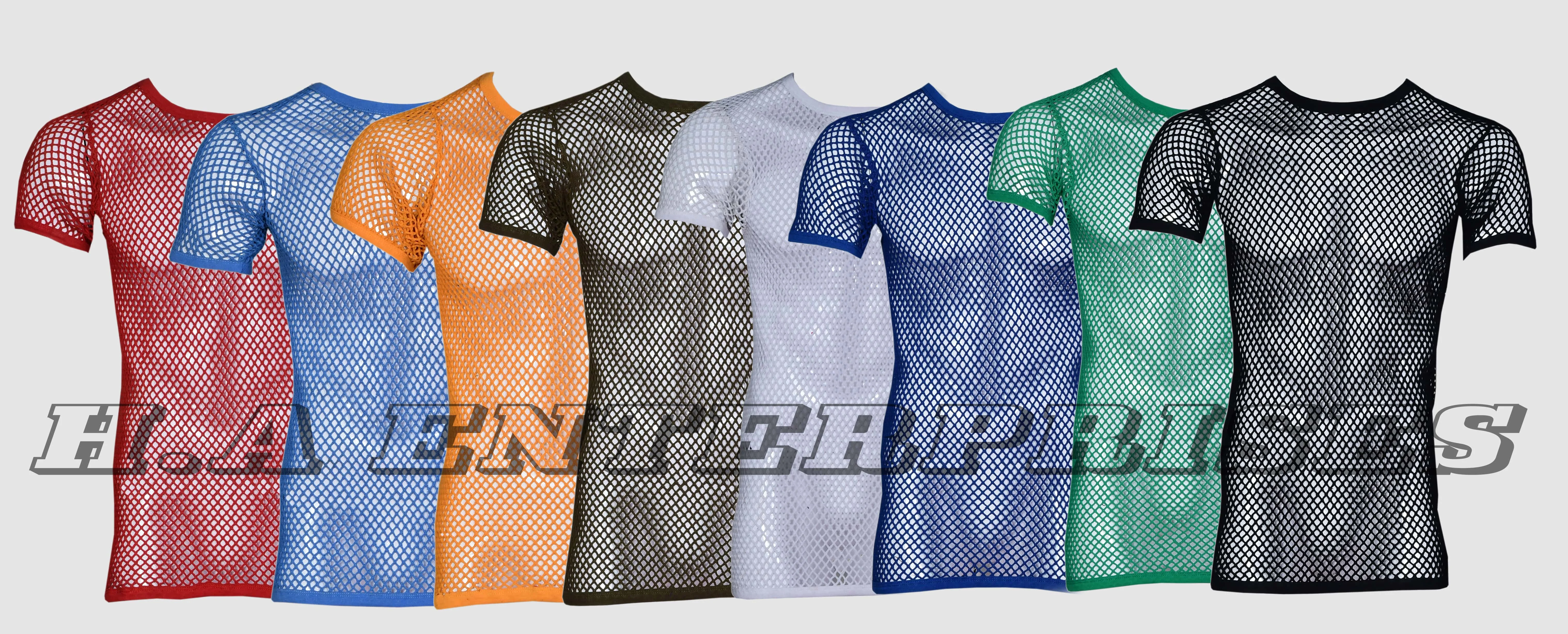 100% Cotton Wholesale Printing Mens Mesh Fishnet String T-shirt See Through Sports Gym Training Muscle Vest tank Top Shirt