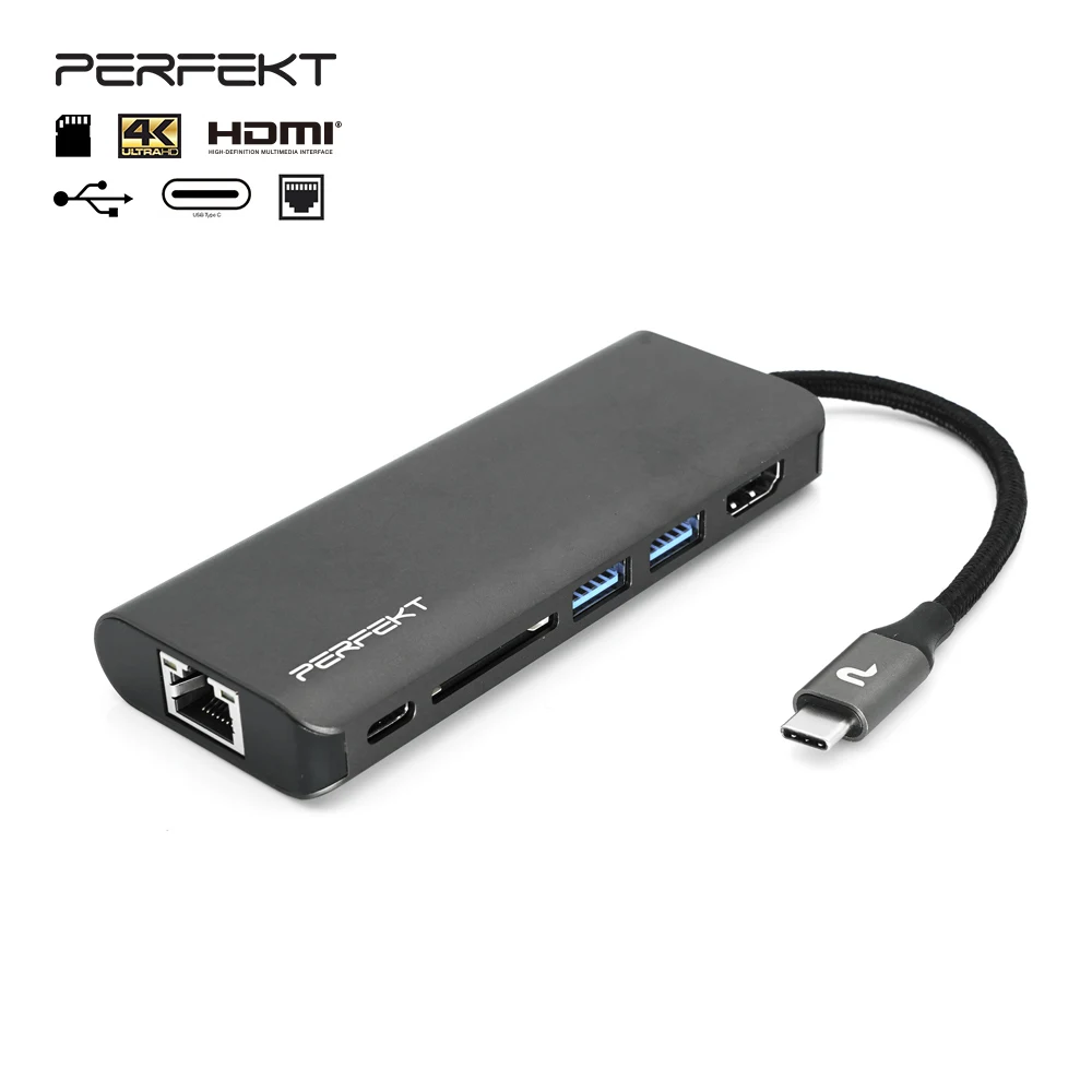 6 Port USB-C Hub Adapter with 4K HDMI USB 3.0 PD RJ45 SD