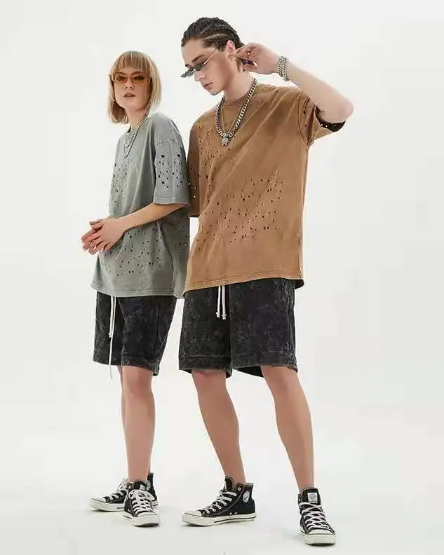 
Summer 2021 irregular holes by hand wash water do old street popular logo with short sleeves T-shirt 