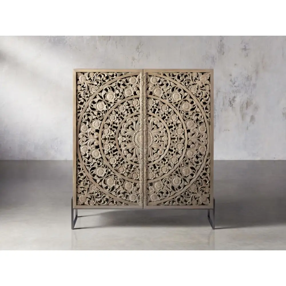Industrial & vintage Indian Solid Wood 2 Door Carving Cabinet for Living Room