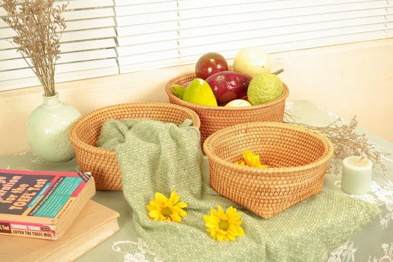 Rattan Storage Baskets for Shelves Woven Recycle Paper Rope Bin Set 3Storage Box for Makeup and Toys