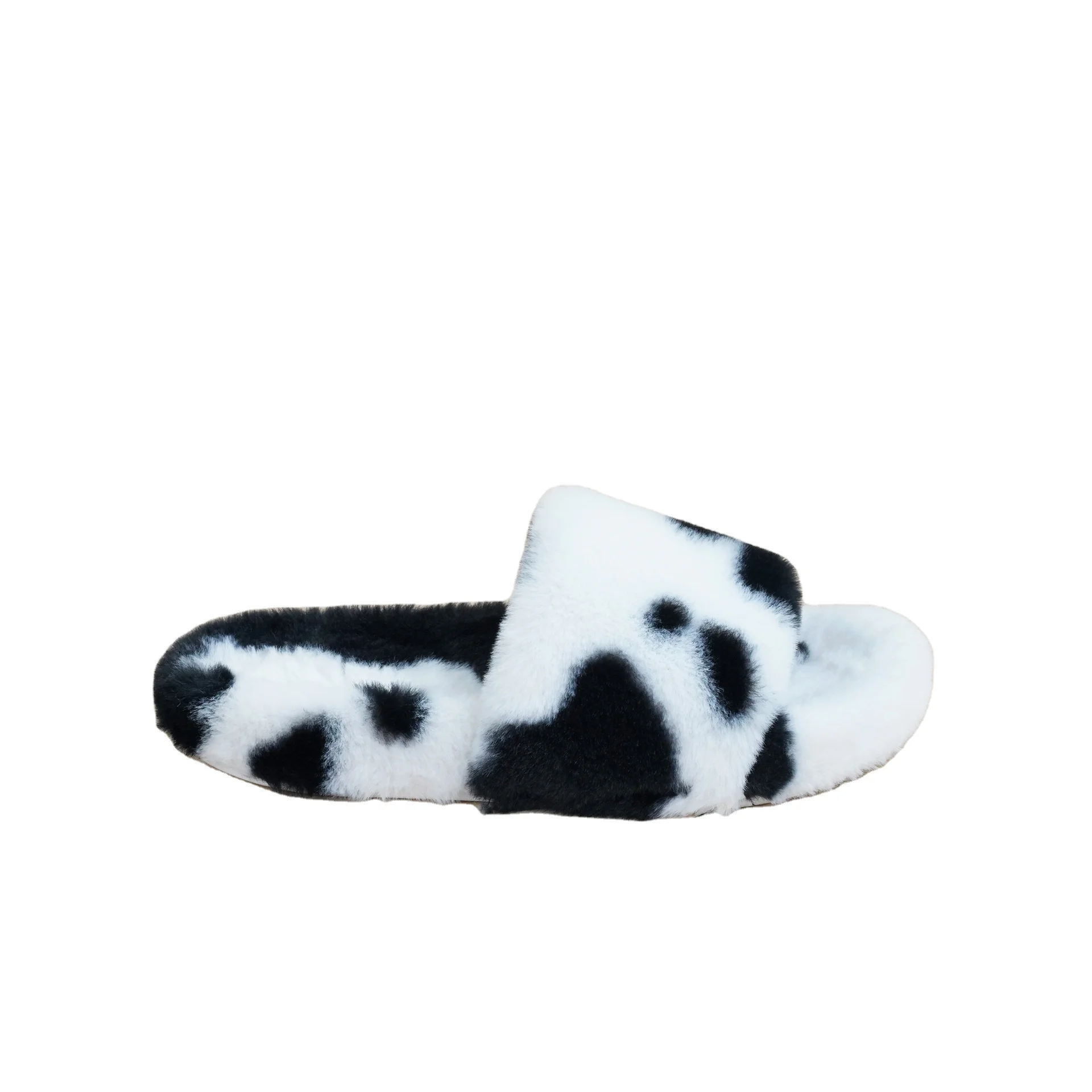 Fashion Winter Fluffy Slip-on Slippers Cute Sweet Printing Cow Plastic Fur Slides For Women