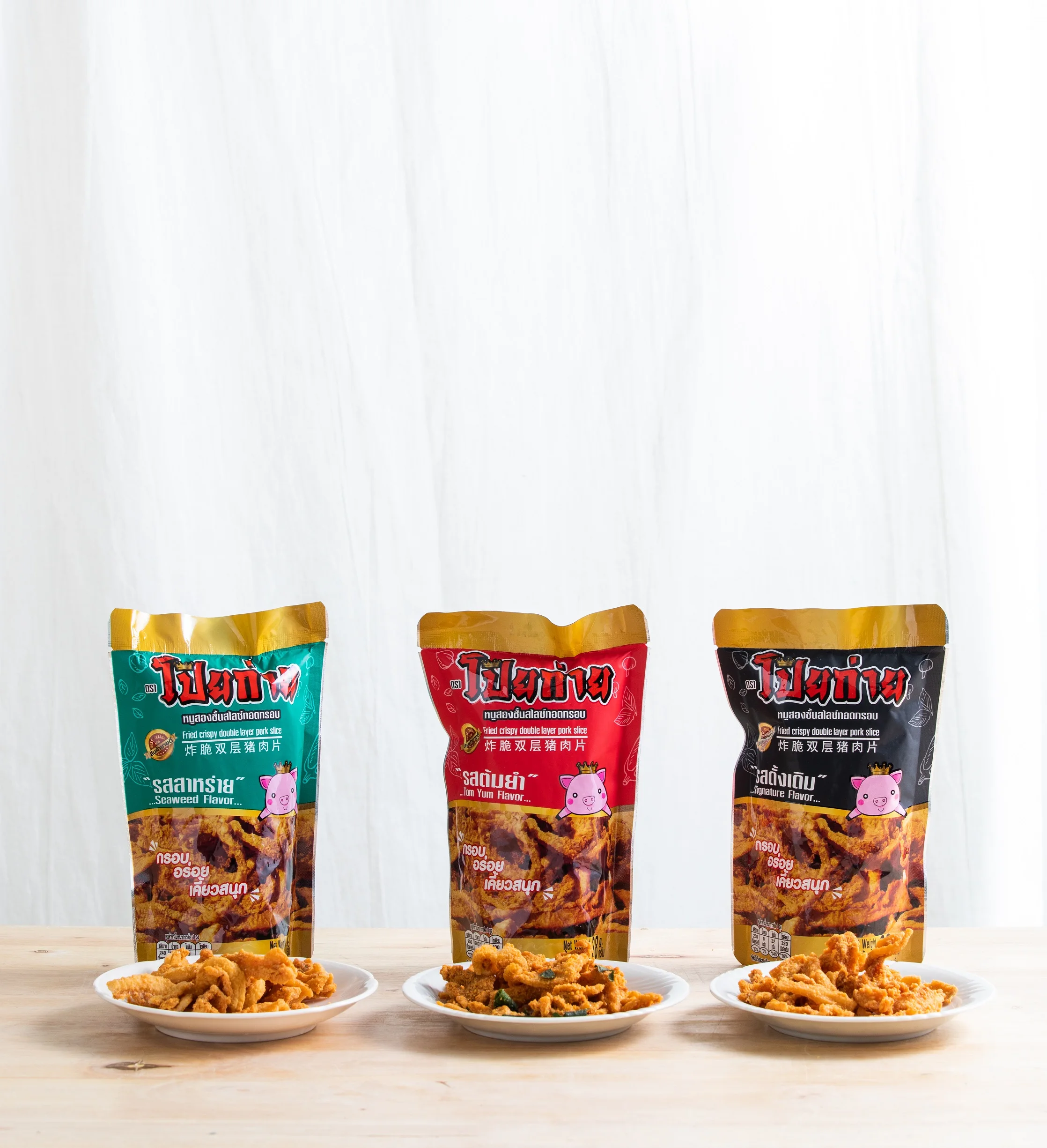 Poygai Fried Crispy Double Layer Pork Slice Seaweed Flavor 38 g.Premium Quality Snacks from Thailand 2022 New Product 4 Favors