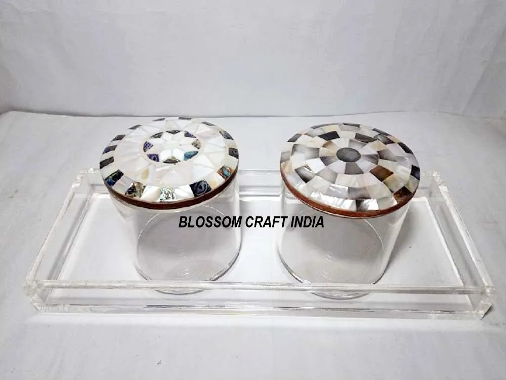 Luxurious Acrylic Jar with Mother of Pearl inlay Bone inlay Wooden Lid Multipurpose Container Boxes