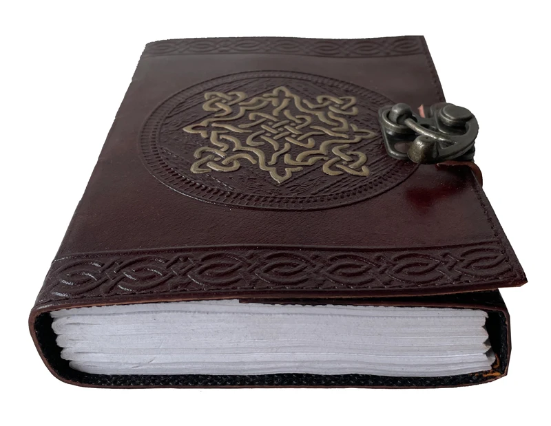 Vintage Celtic Knot Embossed Genuine Leather Journal Handmade Blank Cotton Paper A5 Notebook Hardcover Diary With Antique C Lock