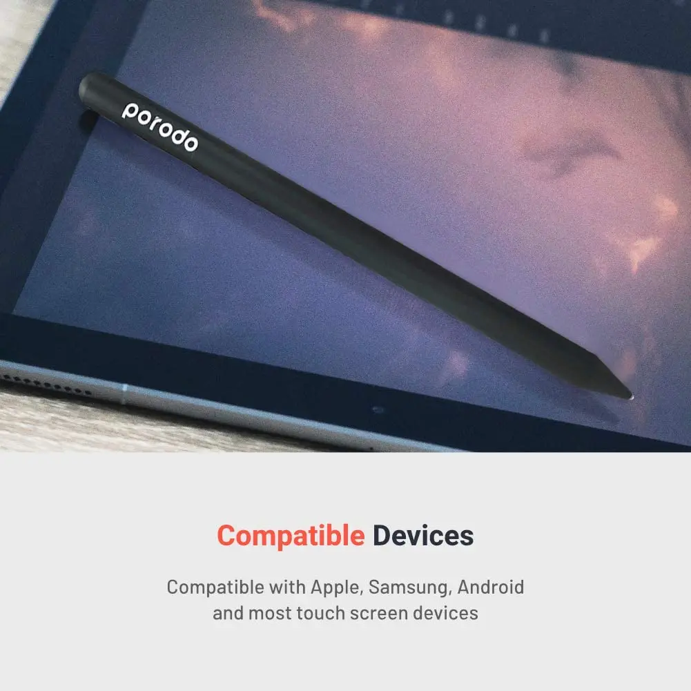 Porodo Stylus Pen, Universal Pencil Compatible with iOS and Android Tablets Devices, 1.5 mm Nib, Magnetic Attachment