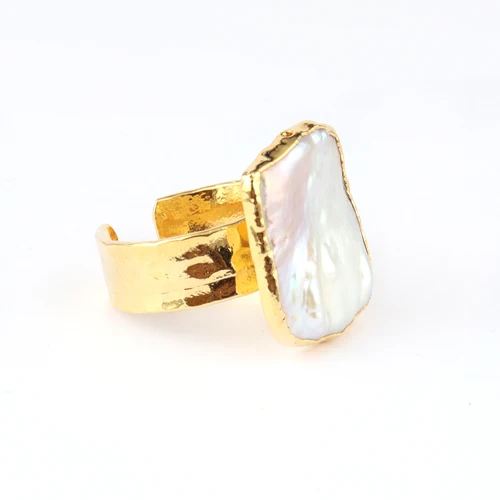 Natural freshwater white biwa pearl high polish ring gold plated ring hammered finish band adjustable ring jewelry supplies