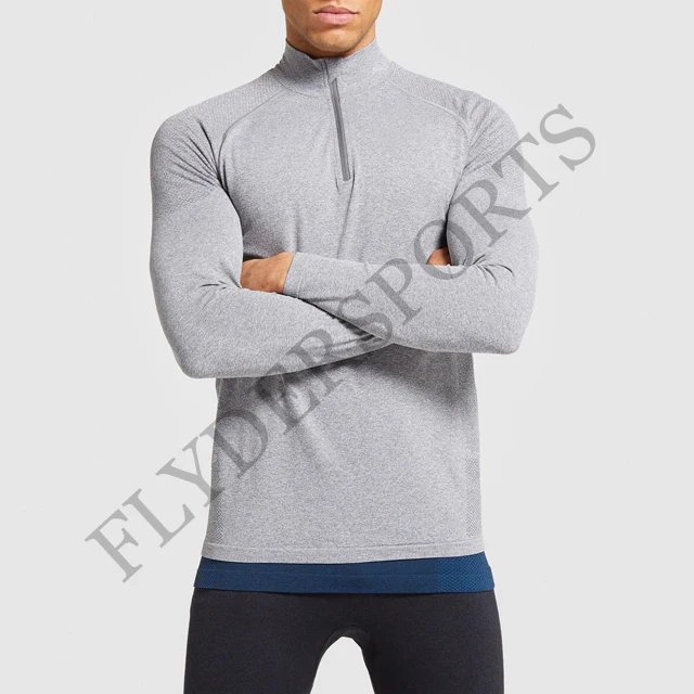 
Top Quality Wholesales 100% Polyester Half Zip Stand Collar Fitness Training 1/3 Zipper Men Shirts 