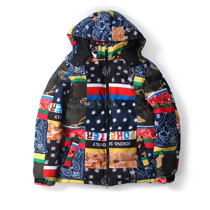 Men custom outdoor fashion splice warm premium puffer down padded winter jacket 2021 with hood spurn cotton