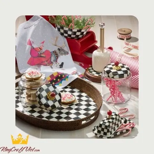 Handwoven Round Caro Ceramic Rattan Tray Serving Tray Food Basket Kitchen Decor Made by Vietnamese FBA Amazon