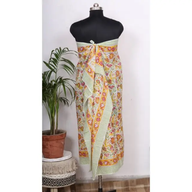 Indian Hand Block Printed Cotton Sarong Jaipuri Hand Made Set Natural Colored Scarf Sanganeri Print Gift For Mother Day