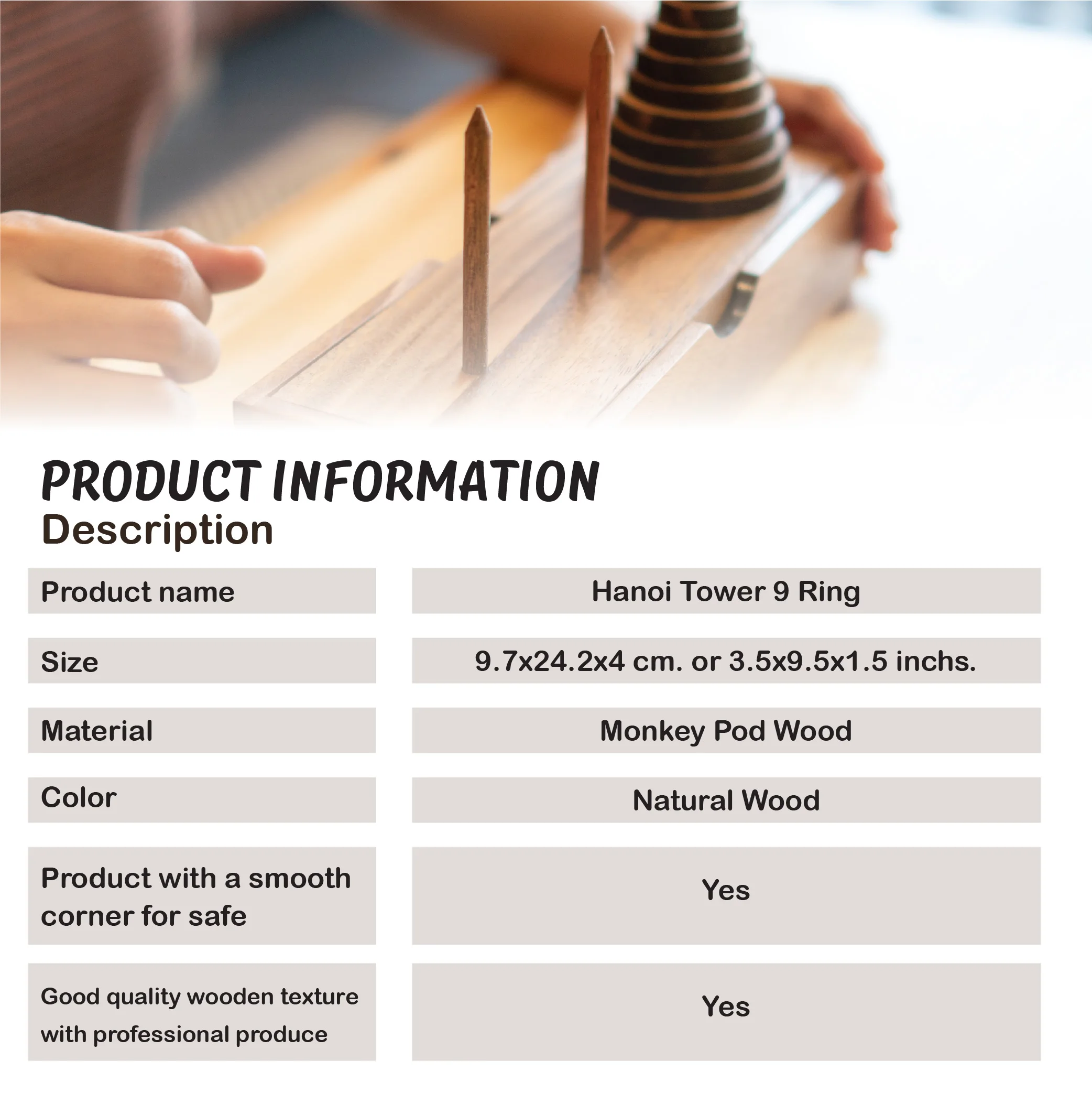 Hanoi Tower (9 rings) Puzzle Coffee Corner Decor Table for Adults and Kids Brain Teaser of the Educational Mind Challenges