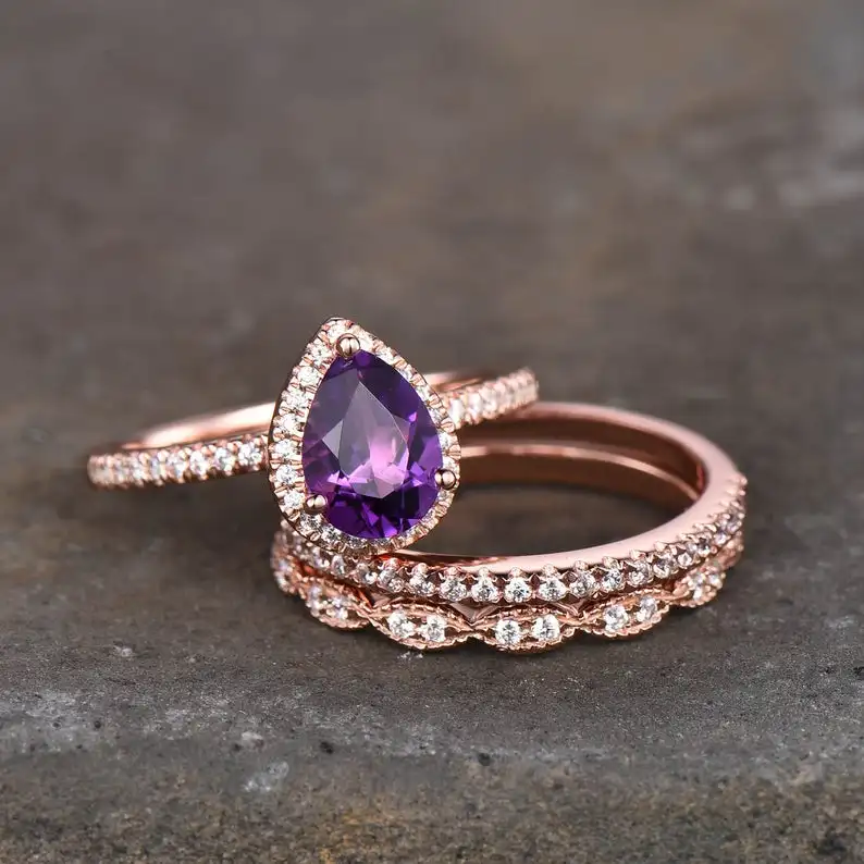 Amethyst Engagement Ring Set Stacking Wedding Bands February Birthstone Rose Gold Plated Bridal 925 Silver