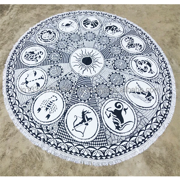 Magical Elegant Feel Black and White Astrology 12 Zodiac Signs Round Tassel Fringes Tapestry Bohemian Beach & Home Decor Throw