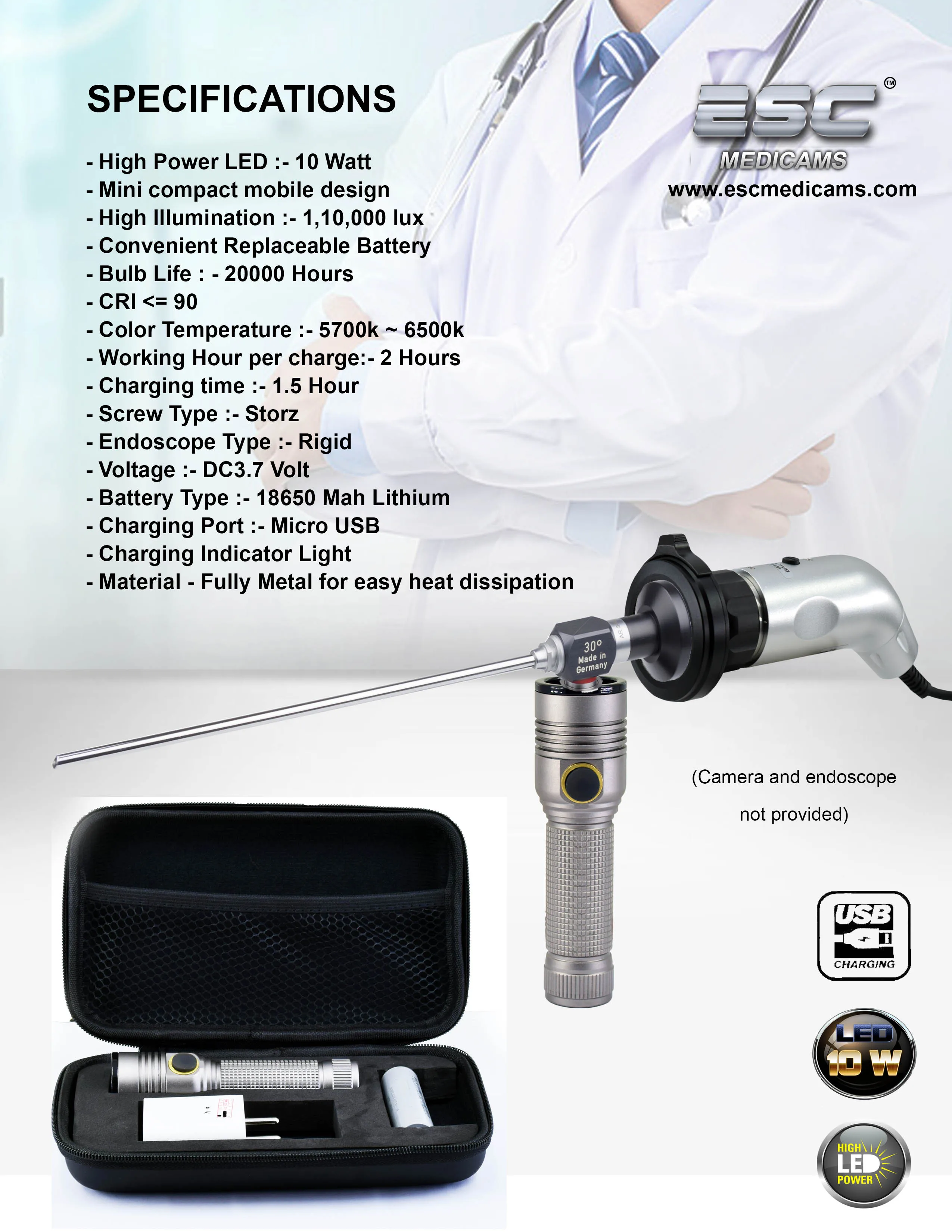 Portable Endoscopy Camera with In-Built Cold LED Light Source 2in1 USB HD Rigid Endoscope ENT unit