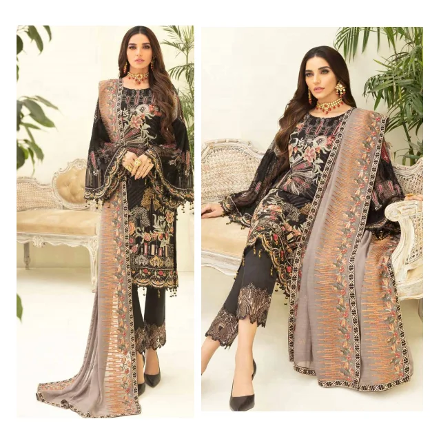 
Light Pink Pakistani Embroidered Dress With Light Blue Thread Paired With Chiffon Dupatta 