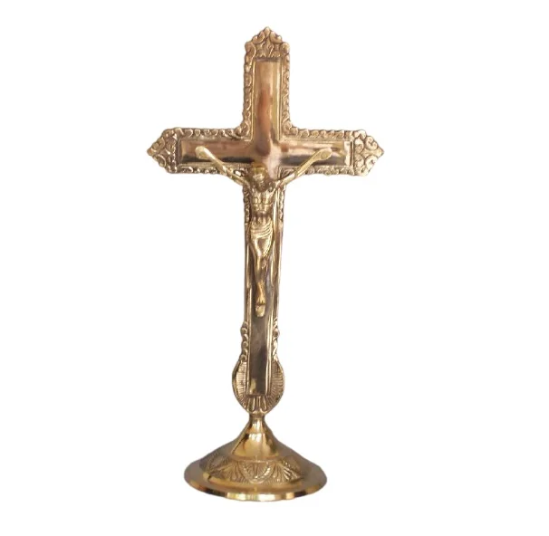 Religious Brass Jesus cross candle stand Handmade Christian Lord Jesus Cross Sign Brass Statue with Candle Stick Holder