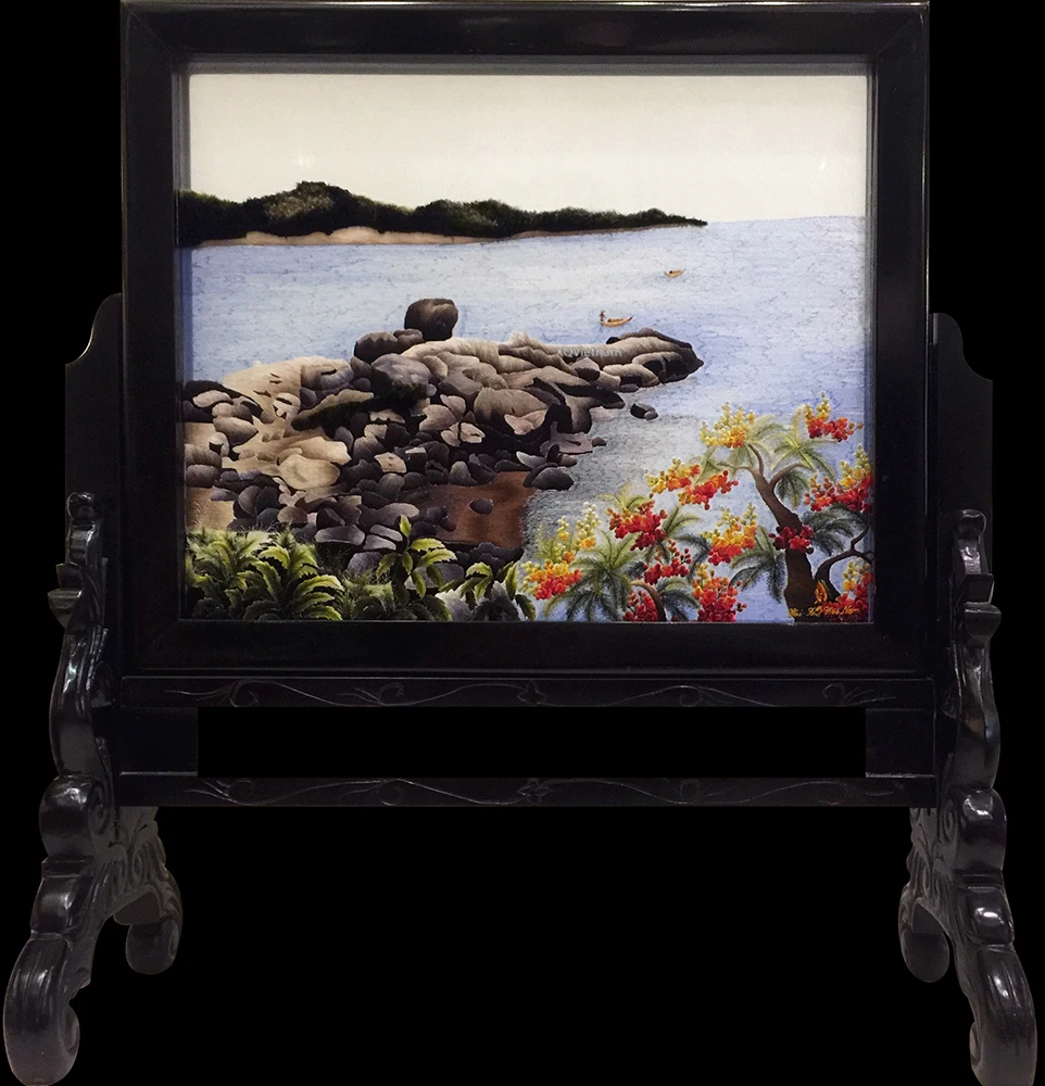 Vietnamese Traditional Embroidery Artworks Sound Of The Ocean Seascape Two Sides Hand Embroidery Paitings