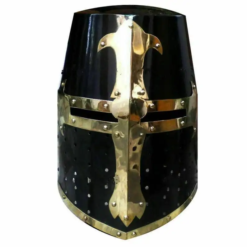 Средневековый крестовый шлем, шлем Templar Knight ручной работы, черная отделка, латунный дизайн, подкладка