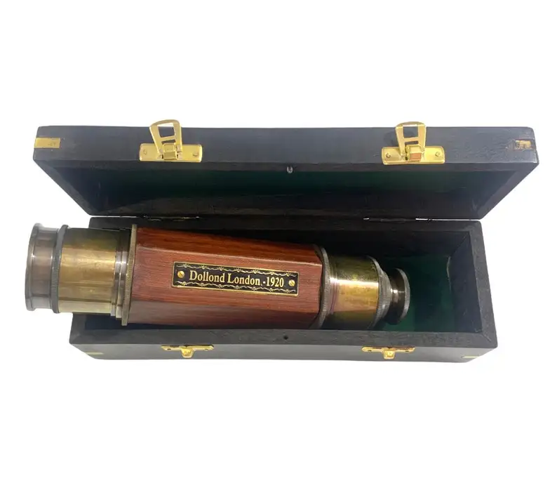 Nautical Telescope, Marine Brass & Leather Pirate Telescope, Spyglass Hexagon Shape Telescope with Wooden Box Telescope