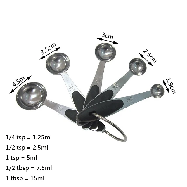 Hot sell stainless steel 5 pieces measuring spoon set with non-slip handle for cooking and baking