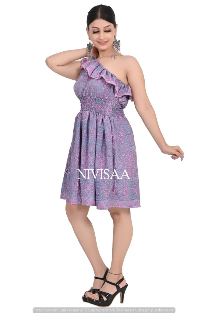Latest Trendy Design Floral Printed Knee Length Without Sleeves Short Dress with Elastic Waist in Lavender Color for Girls