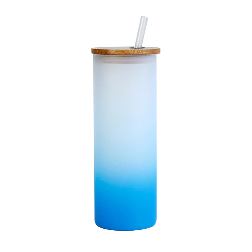 Blank 18oz / 25oz Straight Tumbler with Bamboo Cover Color Gradient Frosted Glass Mug Sublimation Soda Glass with Straw