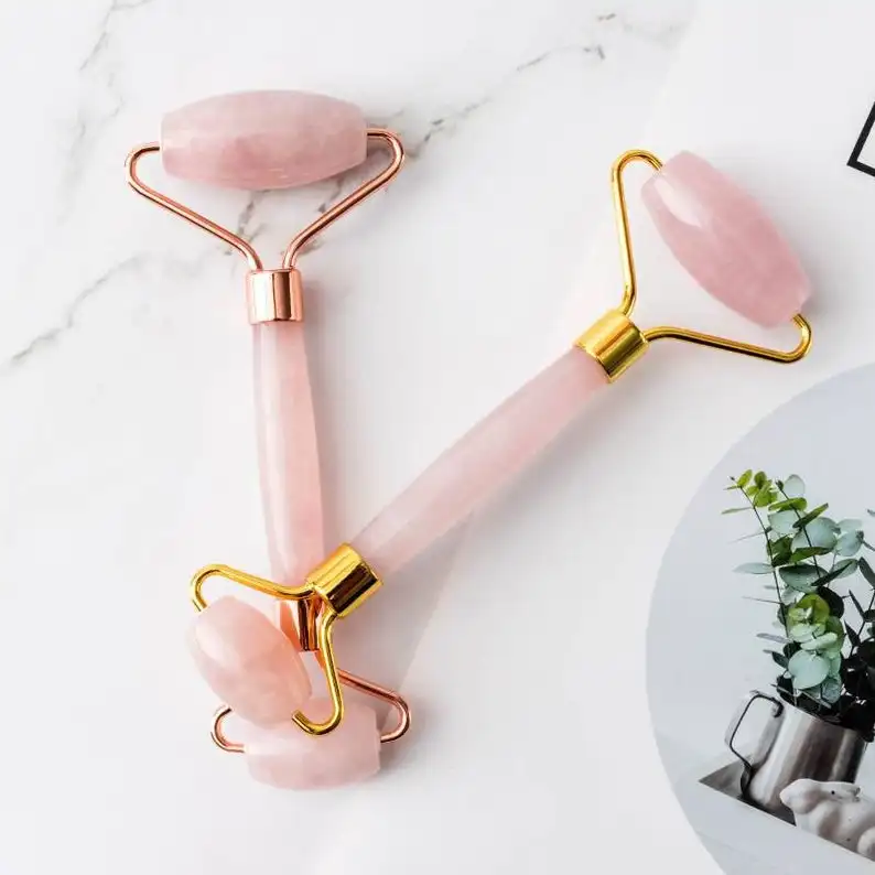 High Quality Pink Rose Quartz Jade Roller Anti-Aging Face Massage Roller Gua Sha Combo Box Made of Crystal