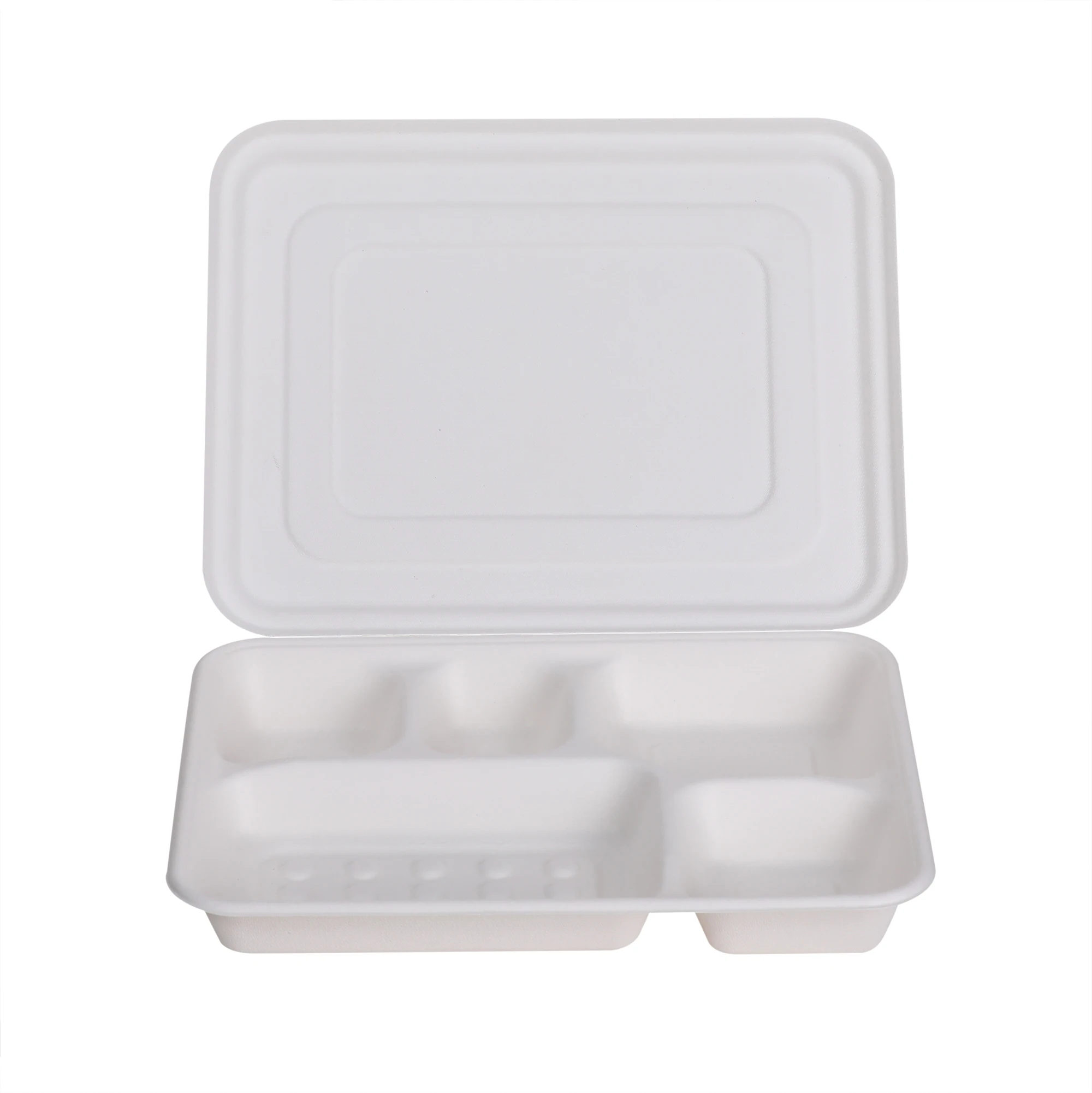 Biodegradable Disposable Sugarcane Bagasse Food Container 4 or 5 Compartment Take Away Lunch Box with Lid