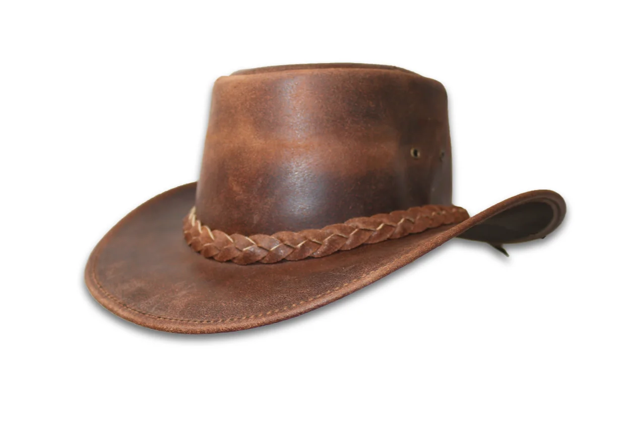 Vintage Brown Western Aussie Style Real Crazy Horse Leather Cowboy Bush Hat with Chin Strap Finest Quality