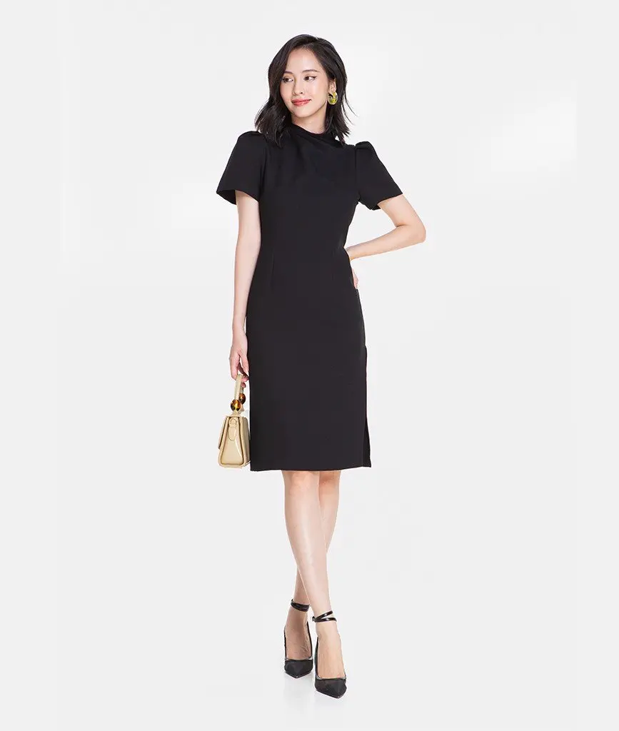 OEM/ODM Custom Women Modern Chinese Style Dress Layer Puff Sleeve Turtle Neck Mini Date Dresses