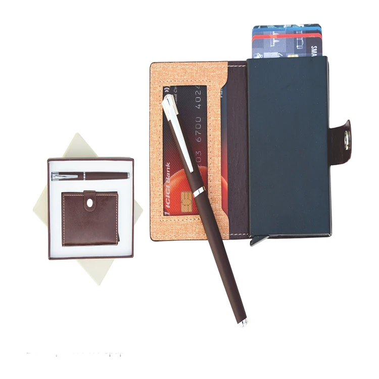 
Best Quality Custom Leather Card Holder Pen Gifts Set Logo Stylish 100% Leather Wallet For Brand Promotion At Wholesale Price 