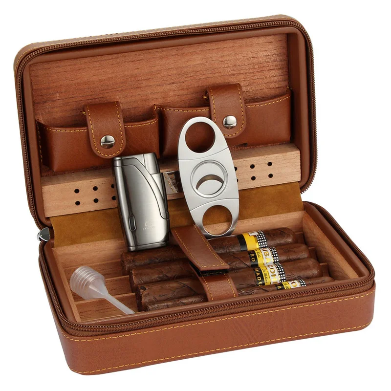 Portable Cedar Wood Cigar Humidor Box Travel Leather Wrap Cigar Case Storage 4 Cigars Box Humidor Humidifier for Sigar