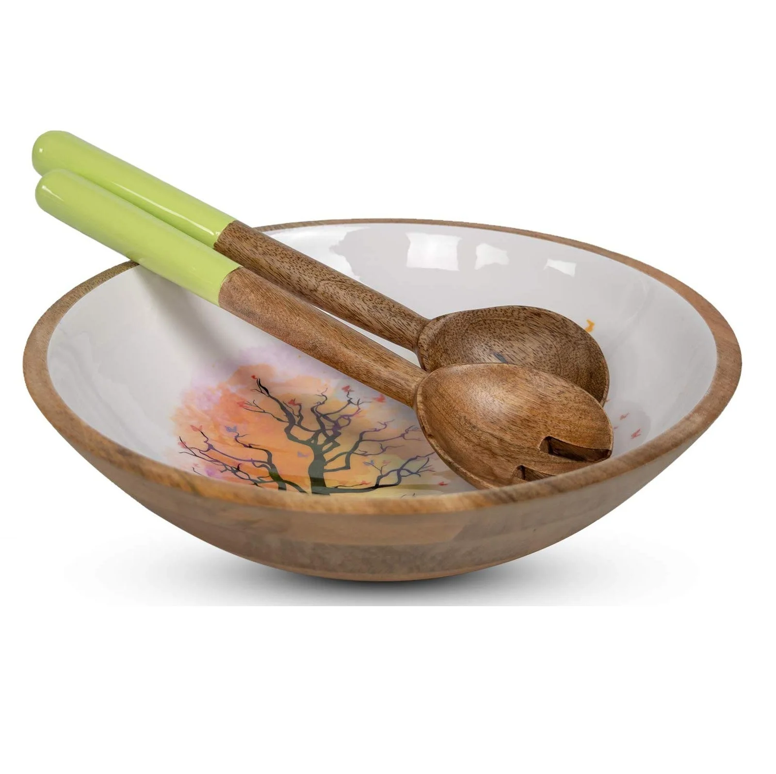 High Quality White Enamel Mango Wood Round Salad Bowls for Table Decoration & Kitchen Use