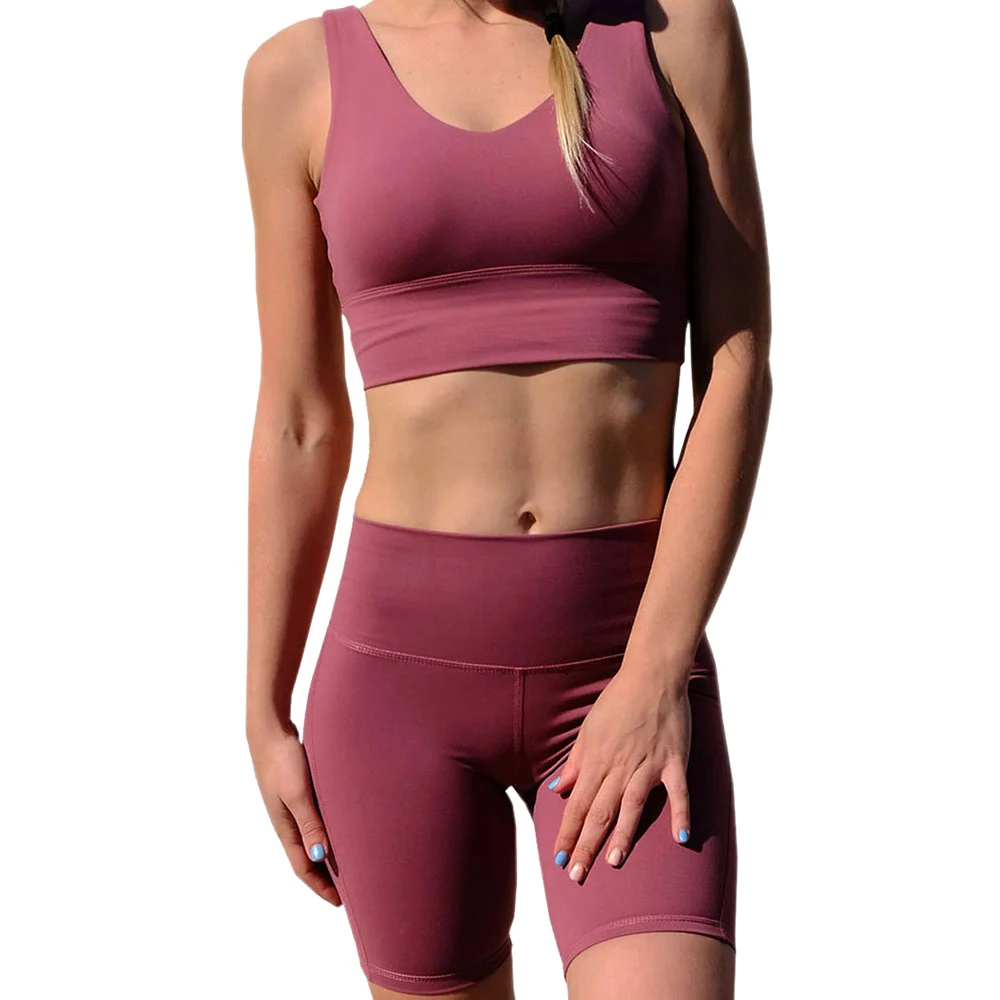 Women Seamless Sports Crop Top+ Booty Shorts Compression Yoga Short Set Bra & Short OEM Gym Fitness Running Solid Pattern