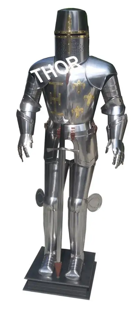 Medieval Full Body Armor Suit Knight Combat Crusader Steel Armor V-Neck Closure Double Breasted Pleated Front Adults Breathable