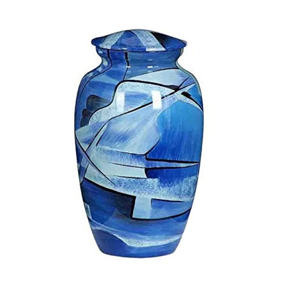 Antique Blue White Ocean Metal Urn for Ashes, Adult Cremation Urn American/European Style