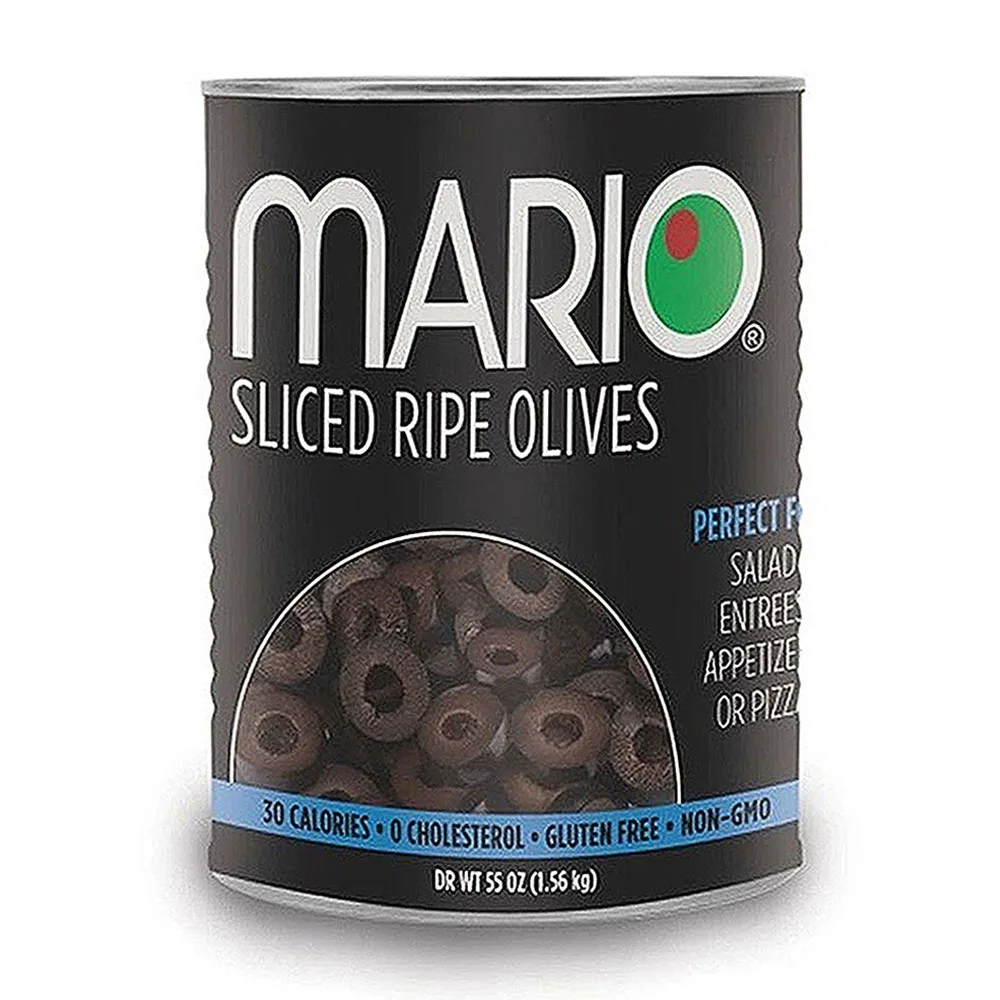 Mario Camacho Slice Ripe Olives 55oz Jar, Unmistakable, Delicious, Bold Flavor Premium Quality Pitted Black Olives
