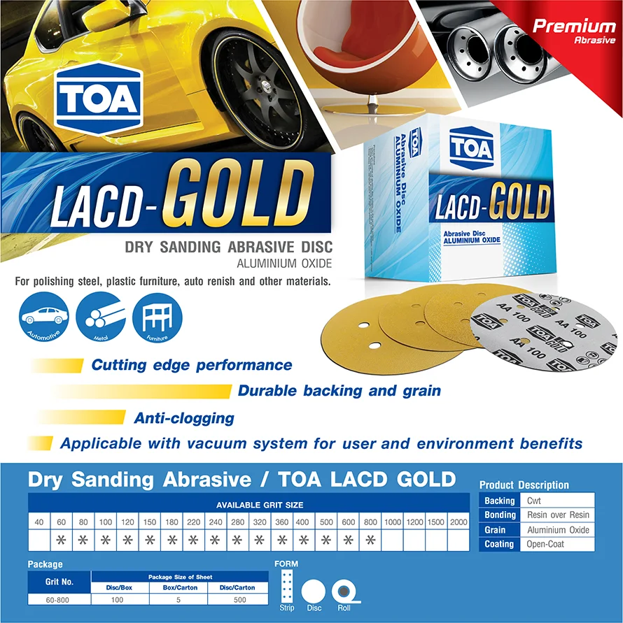 TOA LAC GOLD A931 Dry Sanding Abrasives Paper Disc size 125mm Grit 60 to 800 - Aluminum Oxide for Automotive Furniture and Metal