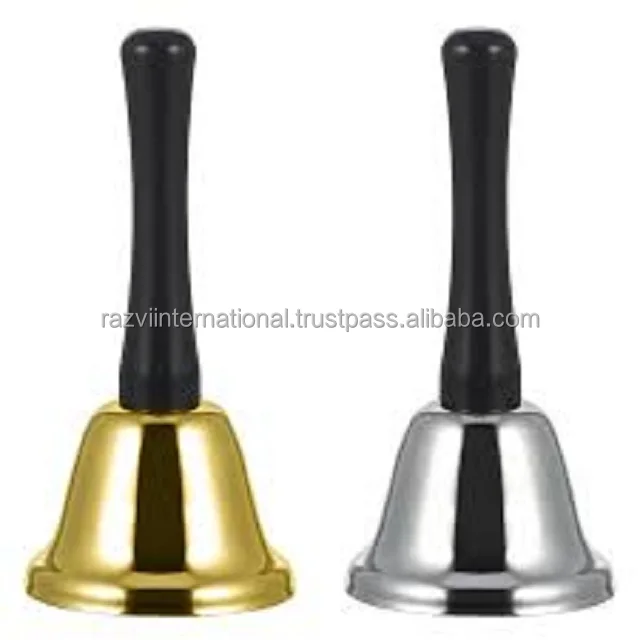 Metal brass shiny polished hand held bell wooden handle
