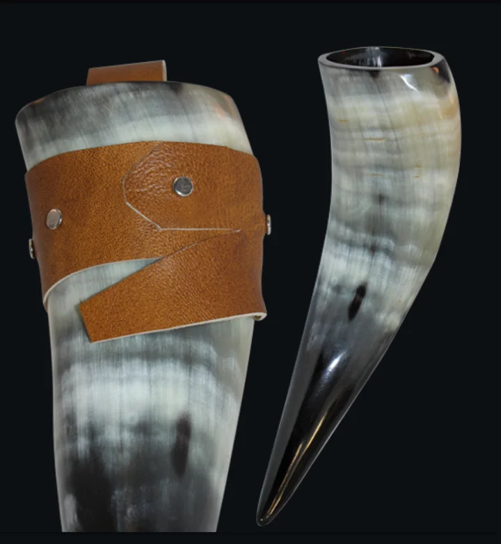 
10.1oz Viking Drinking Horn with Brown Leather Holder Beer Drinking Mug Natural Animal Horn,organic Material 10 Inches Polished 