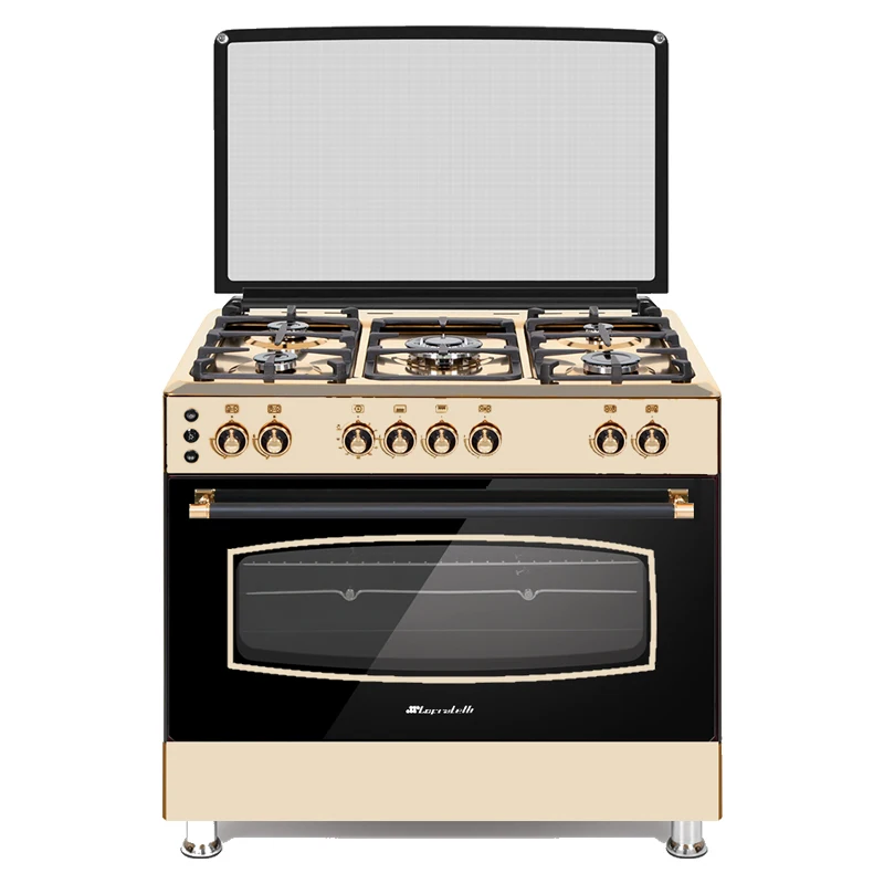 90cm Elitline Gold Inox Top Table Cast Iron Grids Rose Gold Inox Design Black Glass Door Glass Cover Free Standing Oven